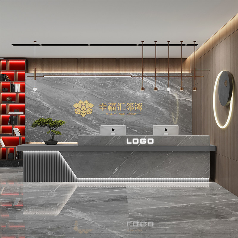 Home Office Industrial Design - เคาน์เตอร์ต้อนรับสไตล์อินดัสเทรียลโมเดิร์น ชั้นวางของตกแต่งสวยงาม ดีไซน์สวยงาม โต๊ะทำงาน เฟอร์นิเจอร์ห้องรับรอง
